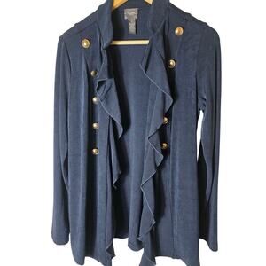 CHICO'S TRAVELERS Blue Open Front Military Knit Jacket Cardigan SZ 1 (Med/8)